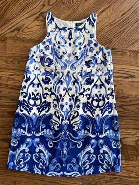 Lauren Ralph Lauren 4P Small Petite Slip Shift Mini Dress Sleeveless Blue White